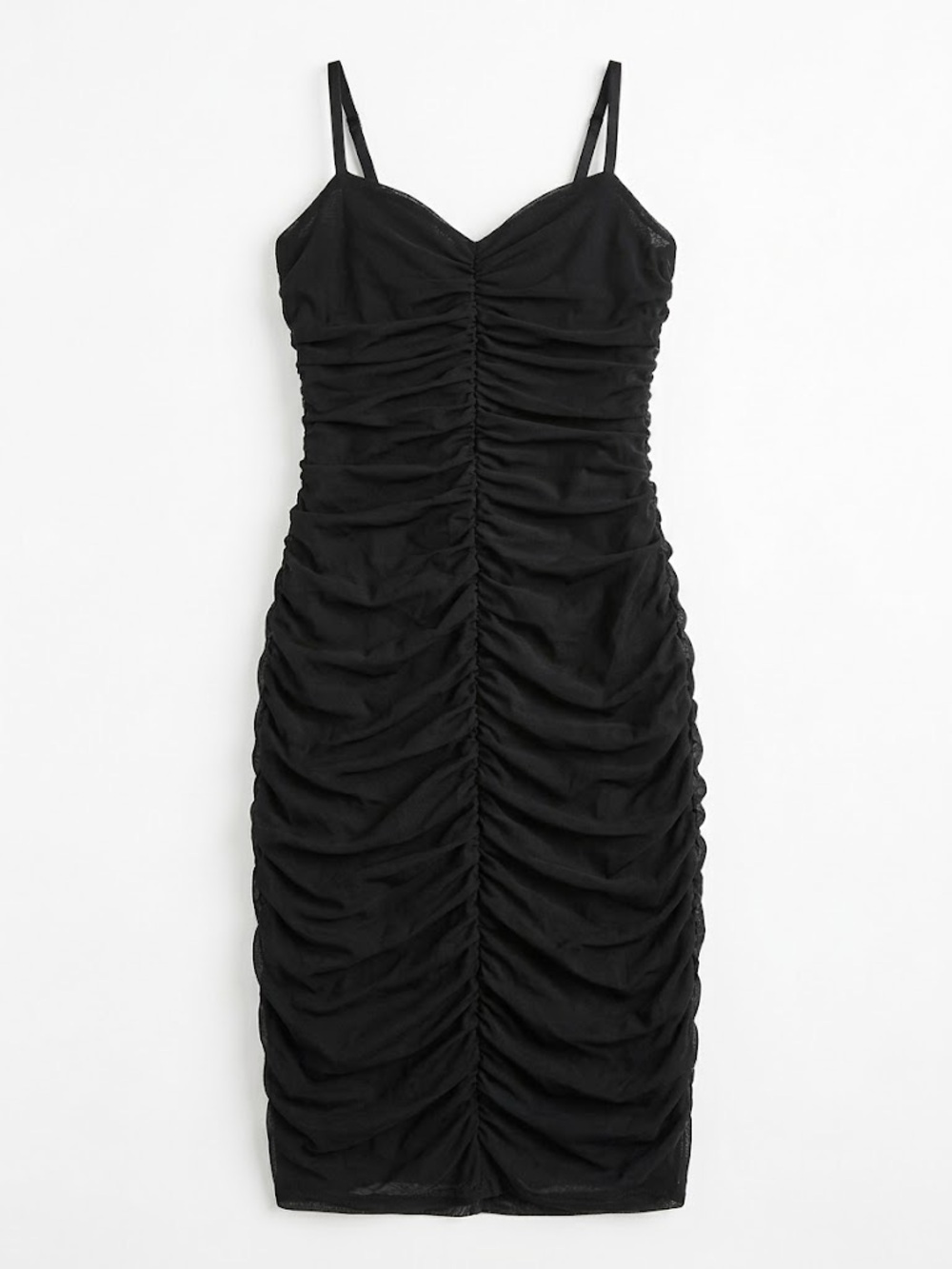 Stella Luce Black Ruched Midi Dress with Double Spaghetti Straps